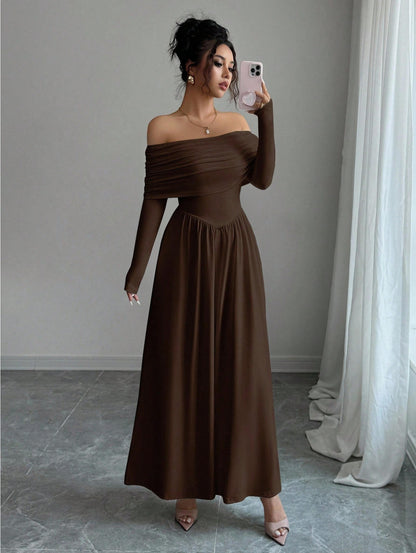 Women's Solid-Color French-Style Off-the-Shoulder Knitted Dress