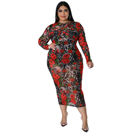 Round-neck Stretchy See-through Sheath Dress With A Printed Design