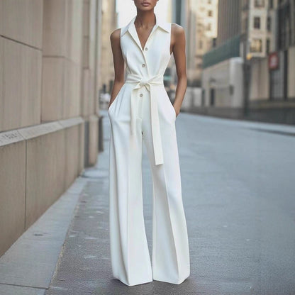 Fashionable Solid-color Wide-leg Jumpsuit With A Shirt Collar