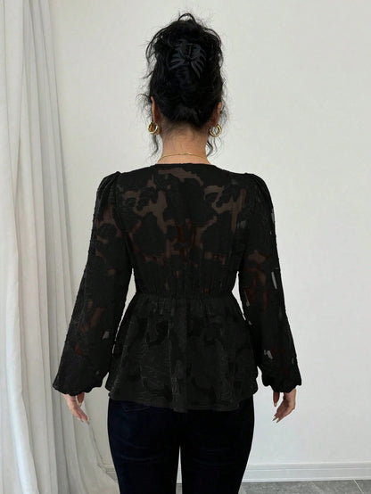 Fashionable Sexy Semi-transparent Long-sleeved V-neck Women's Shirt