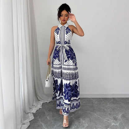 Off-the-shoulder A-line Dress Featuring A Classic Blue-and-white Porcelain Print For An Elegant Look
