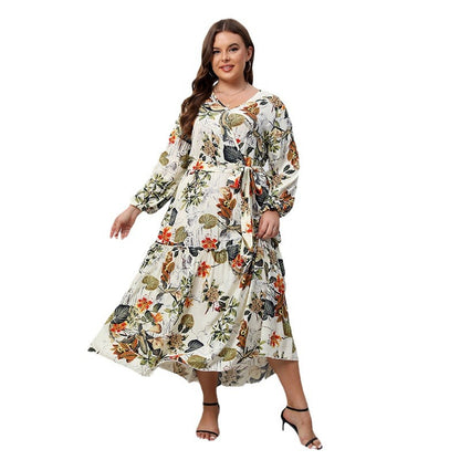 Printed V-neck Long Sleeve Floral Loose Big Hem Dress