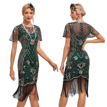Womens Retro Party Sequin Tassel Dress