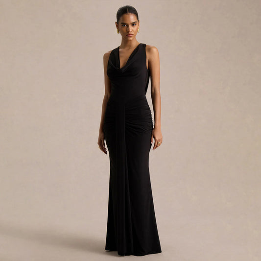 V-neck Figure-hugging Pleated Evening Gown