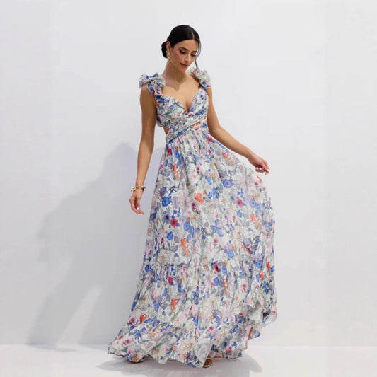 Printed Strapless Off-shoulder One-shoulder Tie-waist Ruffle Dress