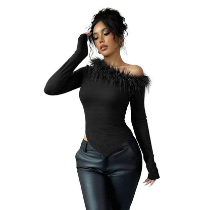 Autumn And Winter Niche Design Feather Patchwork Single Shoulder Irregular Hem Slim Long Sleeve Women