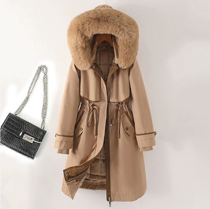 Winter Fur-Lined Hooded Parka Coat Mid-Length Down