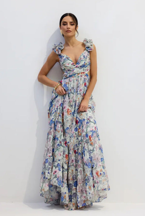 Printed Strapless Off-shoulder One-shoulder Tie-waist Ruffle Dress