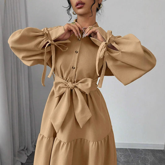 Fashionable Lace-up Long Sleeve Puff Sleeve Dress