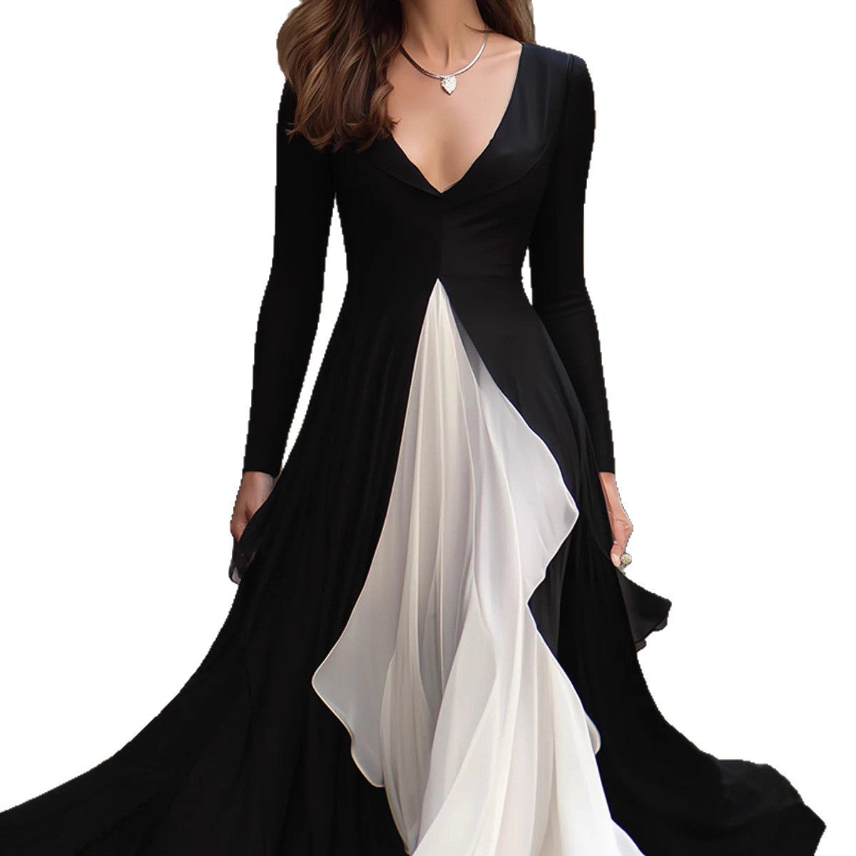 Womens French-style Long-sleeve V-neck Slim-fit Waist-cinching Dress