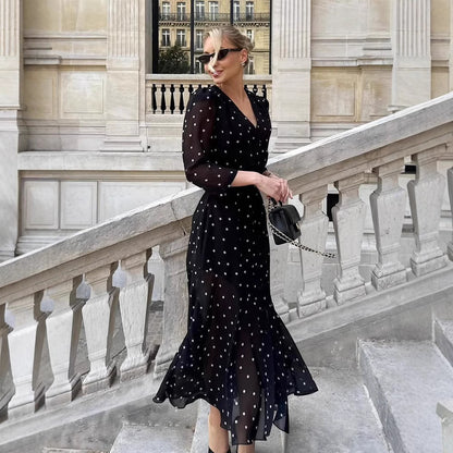 Elegant Mid-Length V-Neck Polka-Dot Waist-Cinched Dress