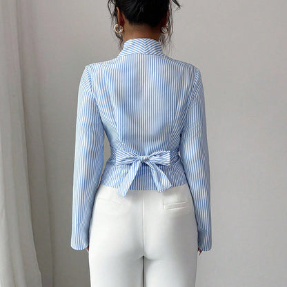 Striped Long-Sleeve Elegant Strap Women's Blouse