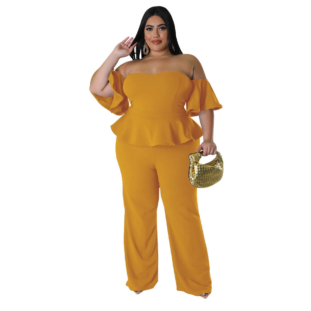 Sexy Off-shoulder Short-sleeve Wide-leg Stretch Jumpsuit