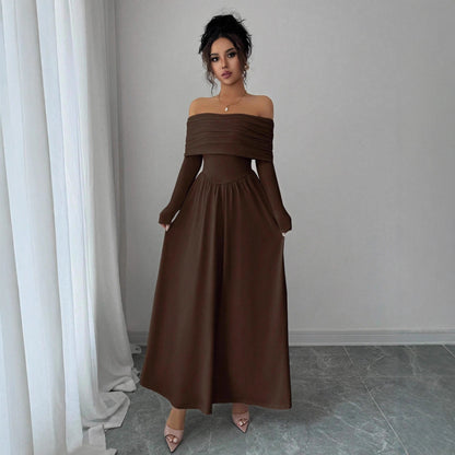 Women's Solid-Color French-Style Off-the-Shoulder Knitted Dress