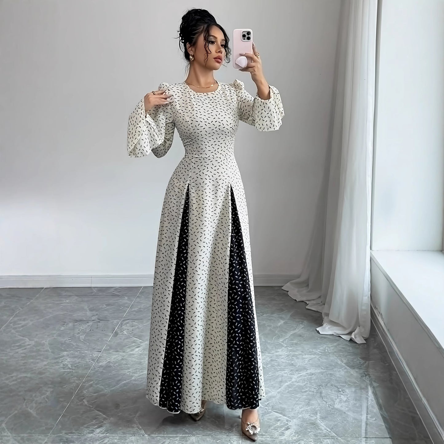 Black And White Patchwork Print Slim-waist Flared Sleeve Long Dress