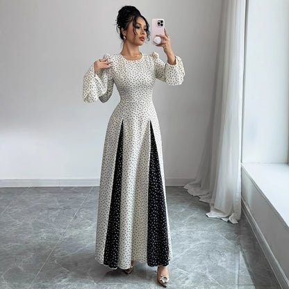 Black And White Patchwork Print Slim-waist Flared Sleeve Long Dress