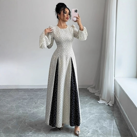 Black And White Patchwork Print Slim-waist Flared Sleeve Long Dress