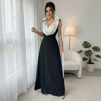 A High-end And Elegant V-neck Sleeveless Dress With Contrasting Colors