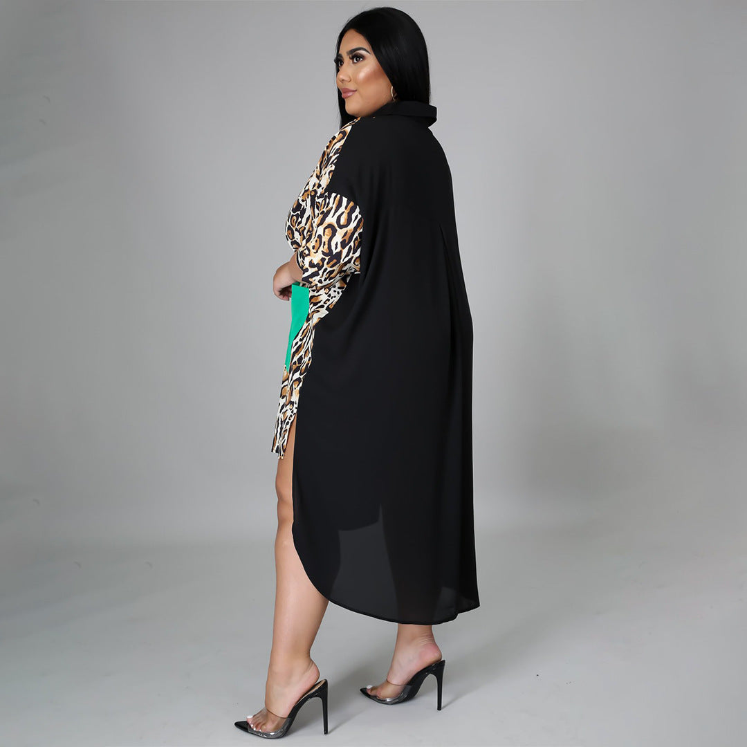 Distinctive Shirt Leopard-print Patchwork With Pockets Plus-size Dress
