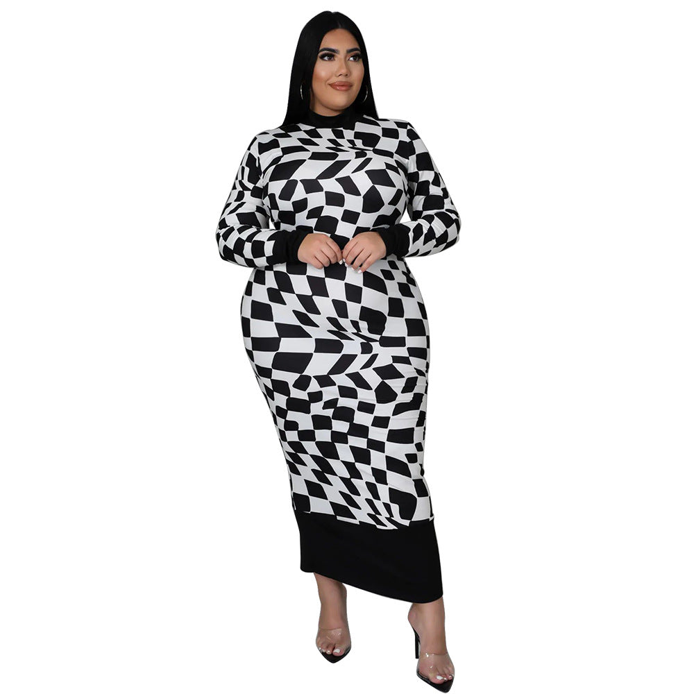 Women's Crew-Neck Plaid Printed Long-Sleeve Elegant Dress