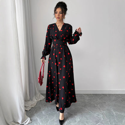 Women's Printed V-Neck Long Sleeve Waist Tie Dress