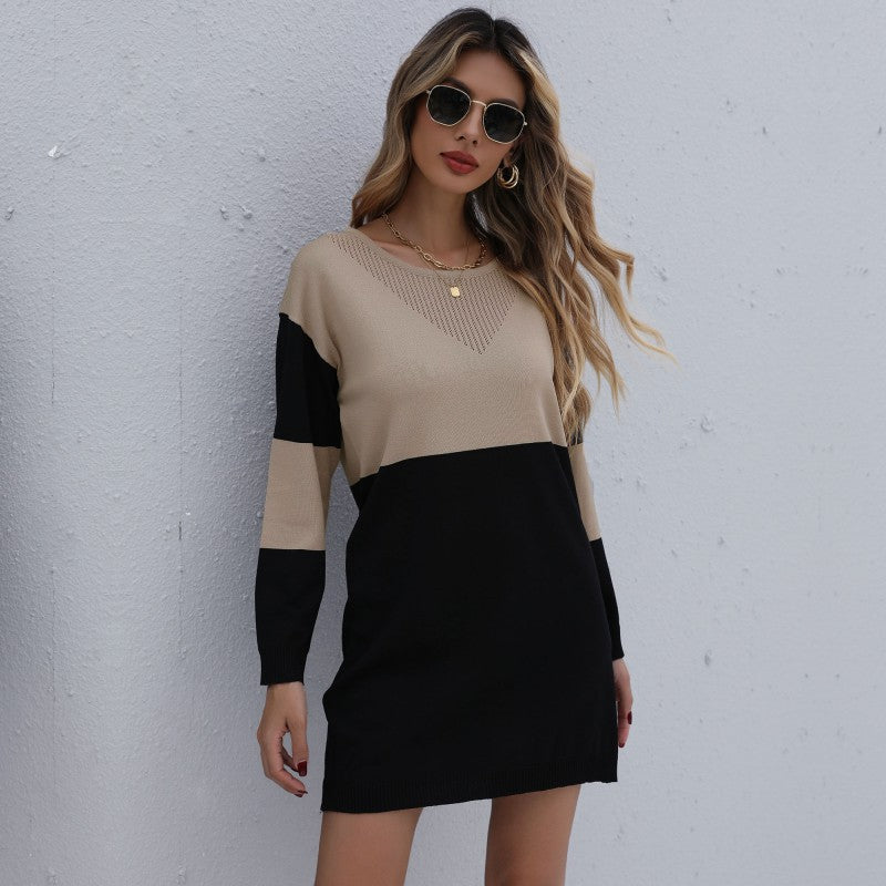 Women's Fashionable Temperament Round Neck Colorblock Sweater Dress