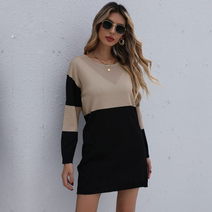 Women's Fashionable Temperament Round Neck Colorblock Sweater Dress