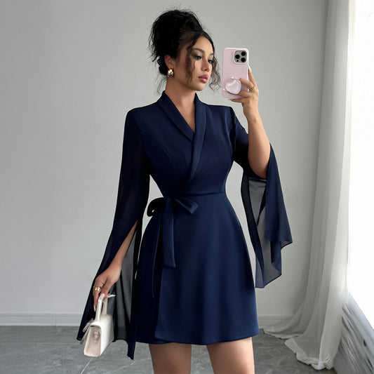 Elegant Temperament Long Sleeve Tie Dress