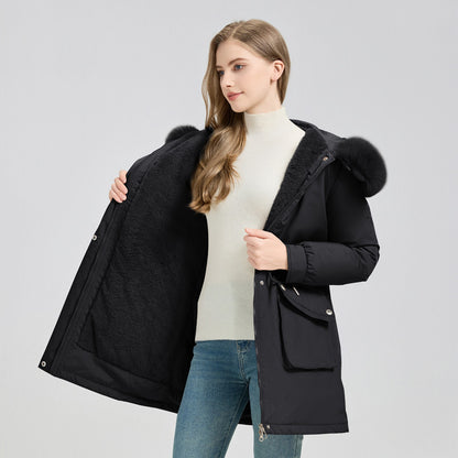 Winter Fur-Lined Hooded Parka Coat Mid-Length Down