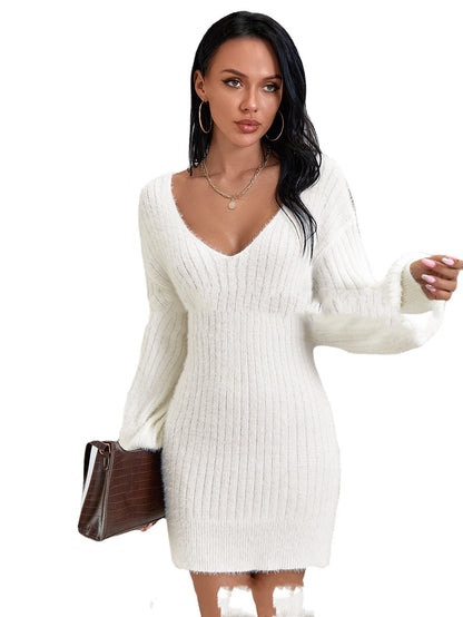 Big V-neck Knitted Pullover Women's Sweater Dress