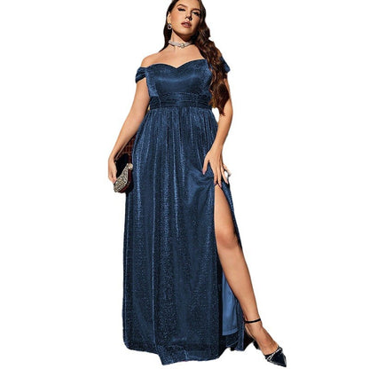 Off-shoulder New Plus Size Art Exam Host Dress Navy Blue