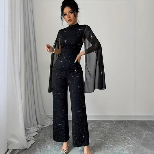 Round Neck Chiffon Lantern Sleeve Patchwork Jumpsuit