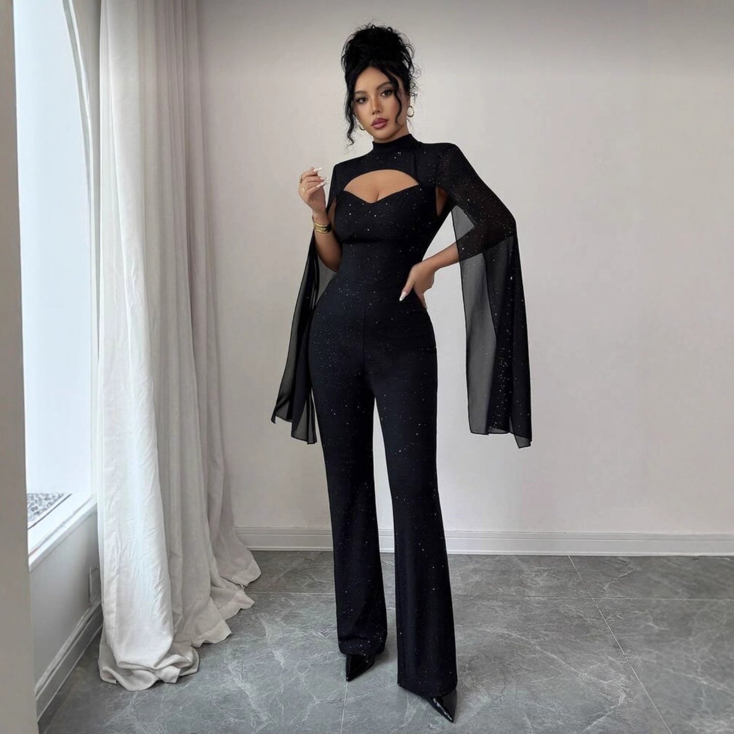 Women's Crew-neck Ribbed Chiffon Cape-style Bodycon Jumpsuit