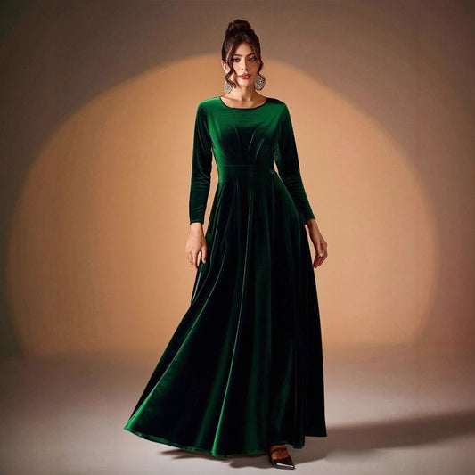 Plus Size Velvet Long Sleeve Dress With Pleats