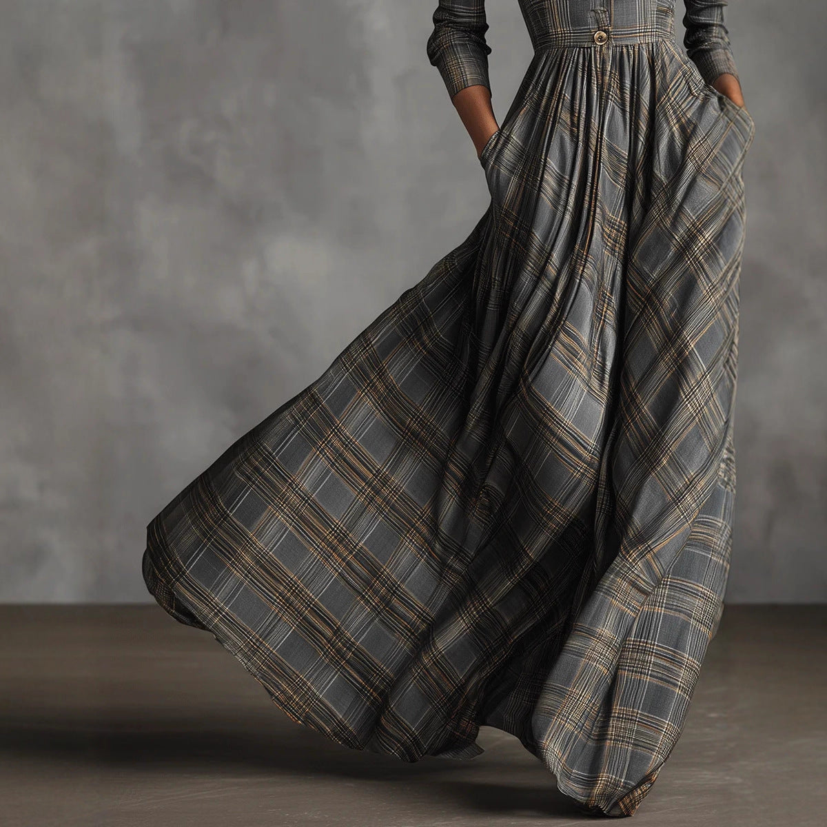 Retro V-neck Gray Plaid Linen Flared Maxi Skirt