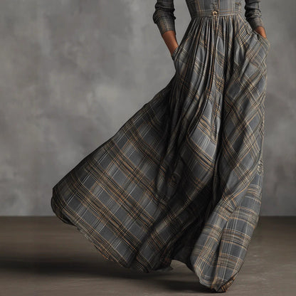 Retro V-neck Gray Plaid Linen Flared Maxi Skirt