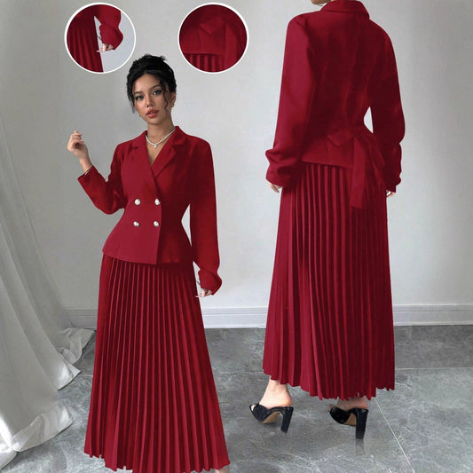Womens Double-Breasted Top And Pleated Skirt Set