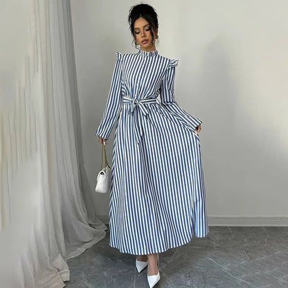 Women's Floral Print Long Sleeve Maxi Dress - Stand Collar A-Line Dress With Waist Detail, Lantern Sleeves & Ruffle Hem For Spring&Fall