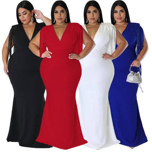 Women's Plus-Size Tassel V-Neck Long-Sleeve Slim-Fit Dress