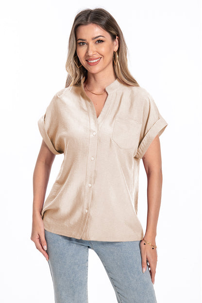 Stand Collar Button Fashion Comfortable Short Sleeve Women's Summer Top