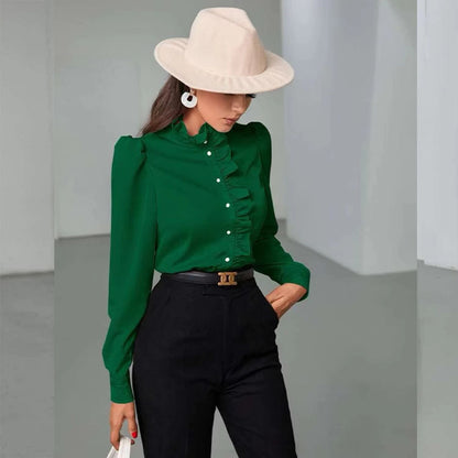 Solid Color Simple Long-sleeved Ruffle Straight Shirt