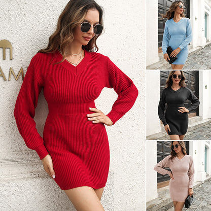 Women's V-Neck Long Sleeve Nipped Waist Sweater Dress
