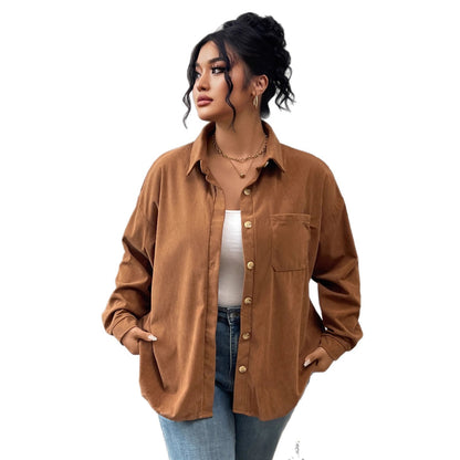 Women's Shirt Solid Color Lapel Corduroy Casual