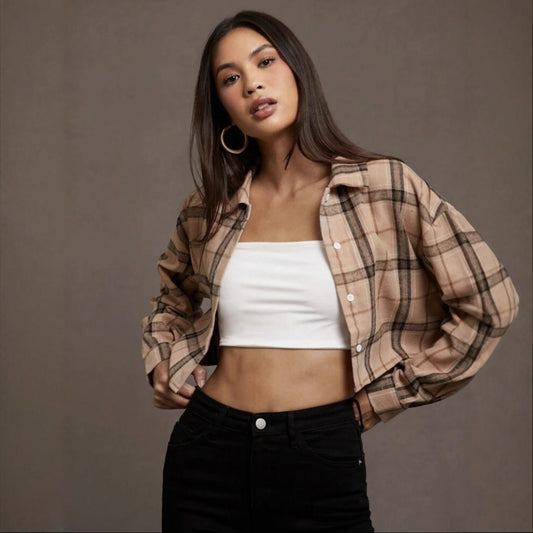 Short Long Sleeve Plaid Cropped Lapel Shirt