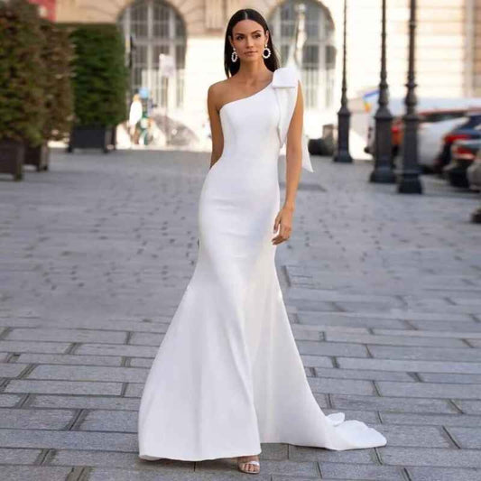 Fishtail Wedding Dress Slimming Long One-shoulder Gown