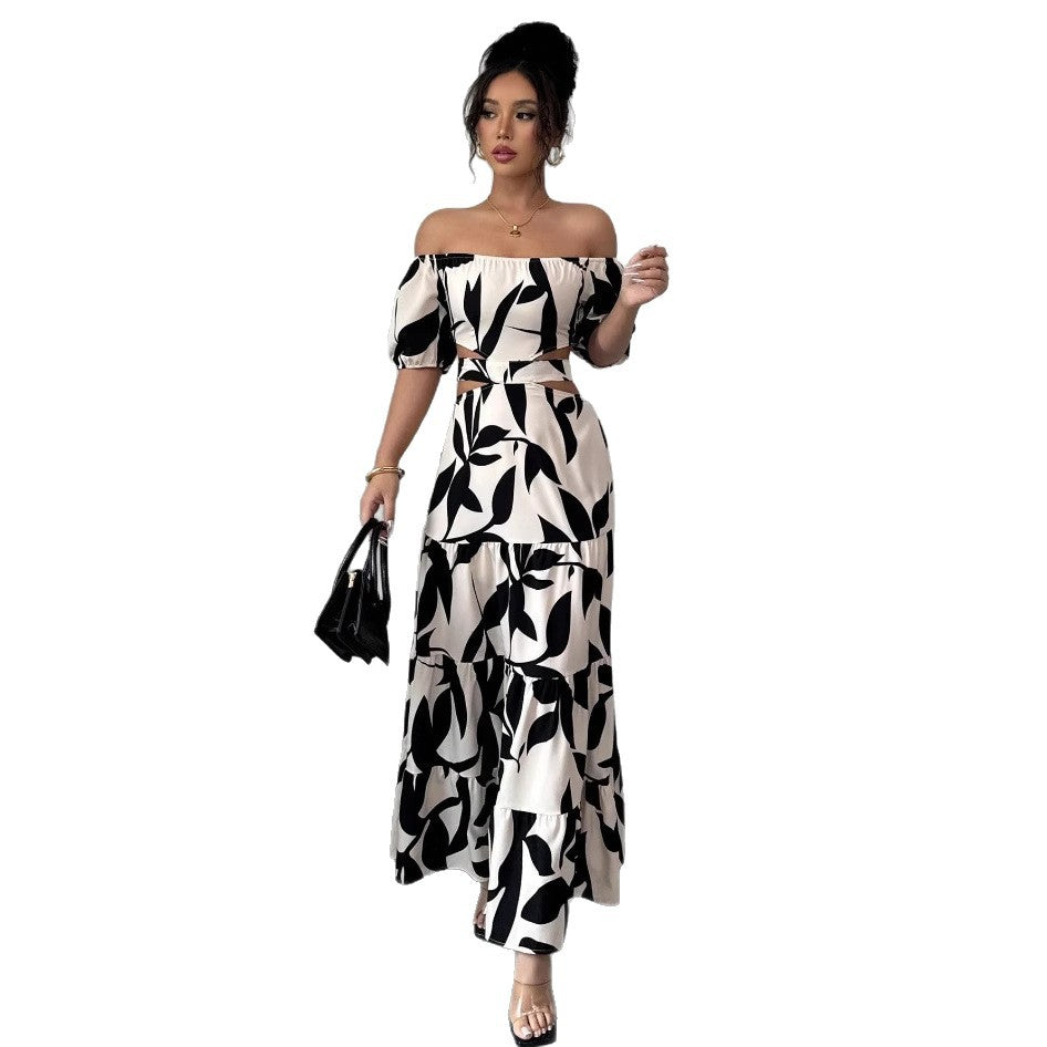 Off-shoulder Sexy Hollow-out Dress Printed Bodycon