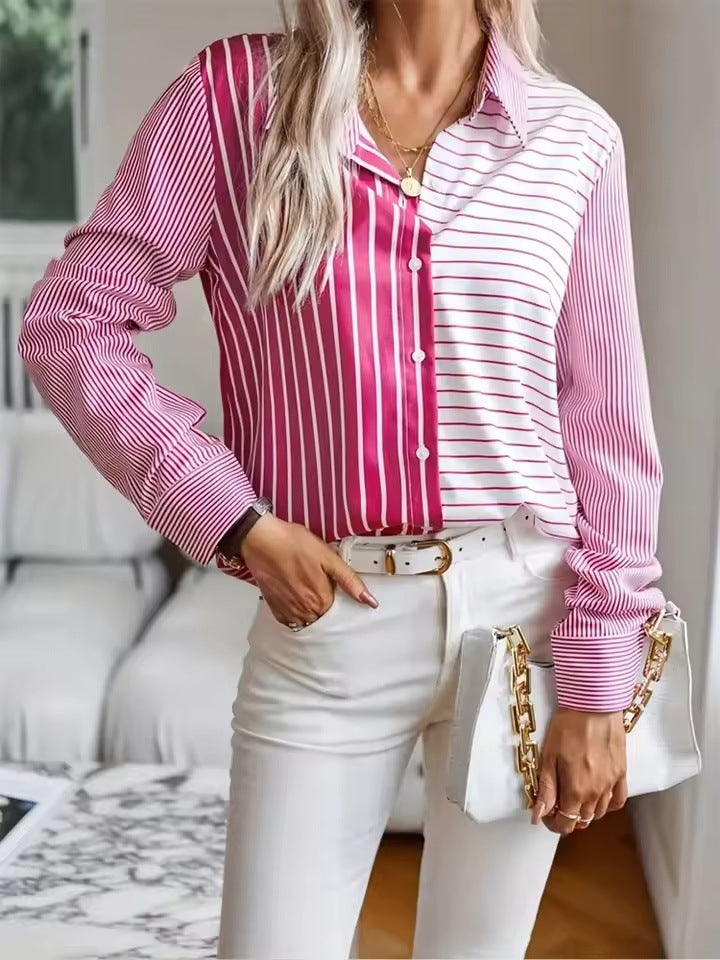 Womens Fashion Striped 3D-Printed Long-Sleeve Shirt