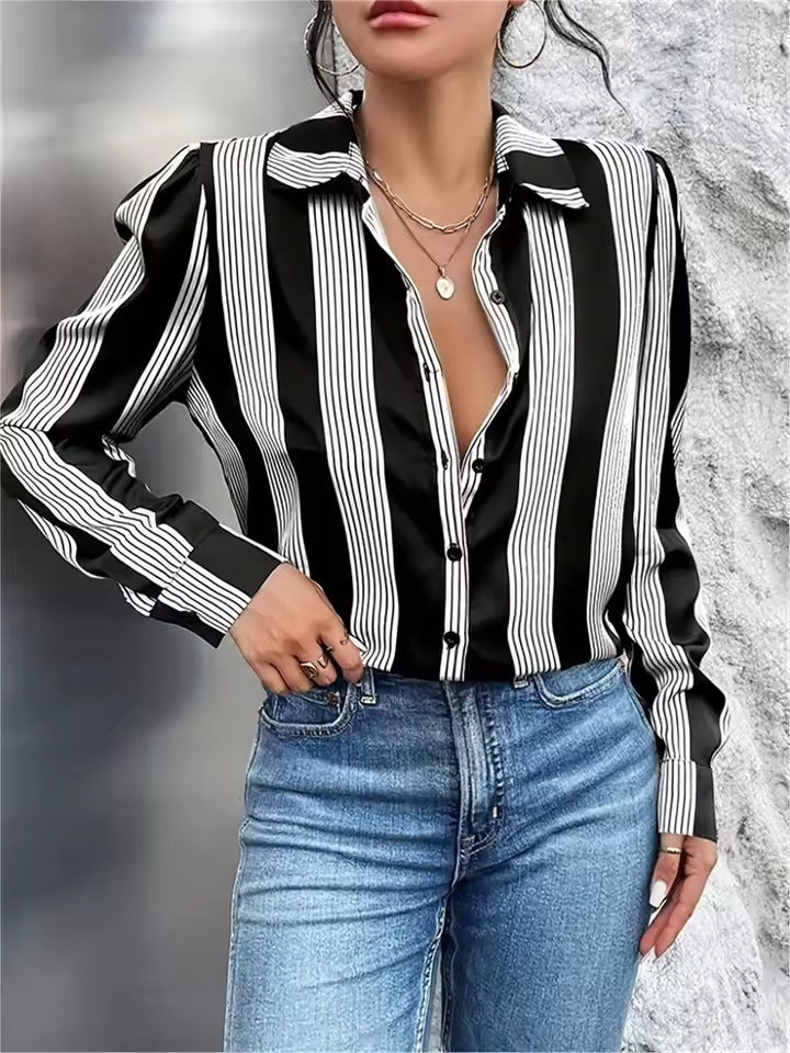 Womens Fashion Striped 3D-Printed Long-Sleeve Shirt