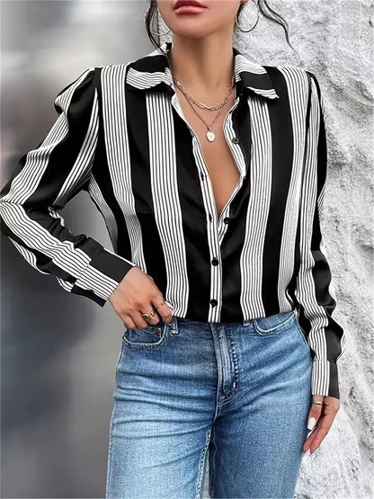 Womens Fashion Striped 3D-Printed Long-Sleeve Shirt