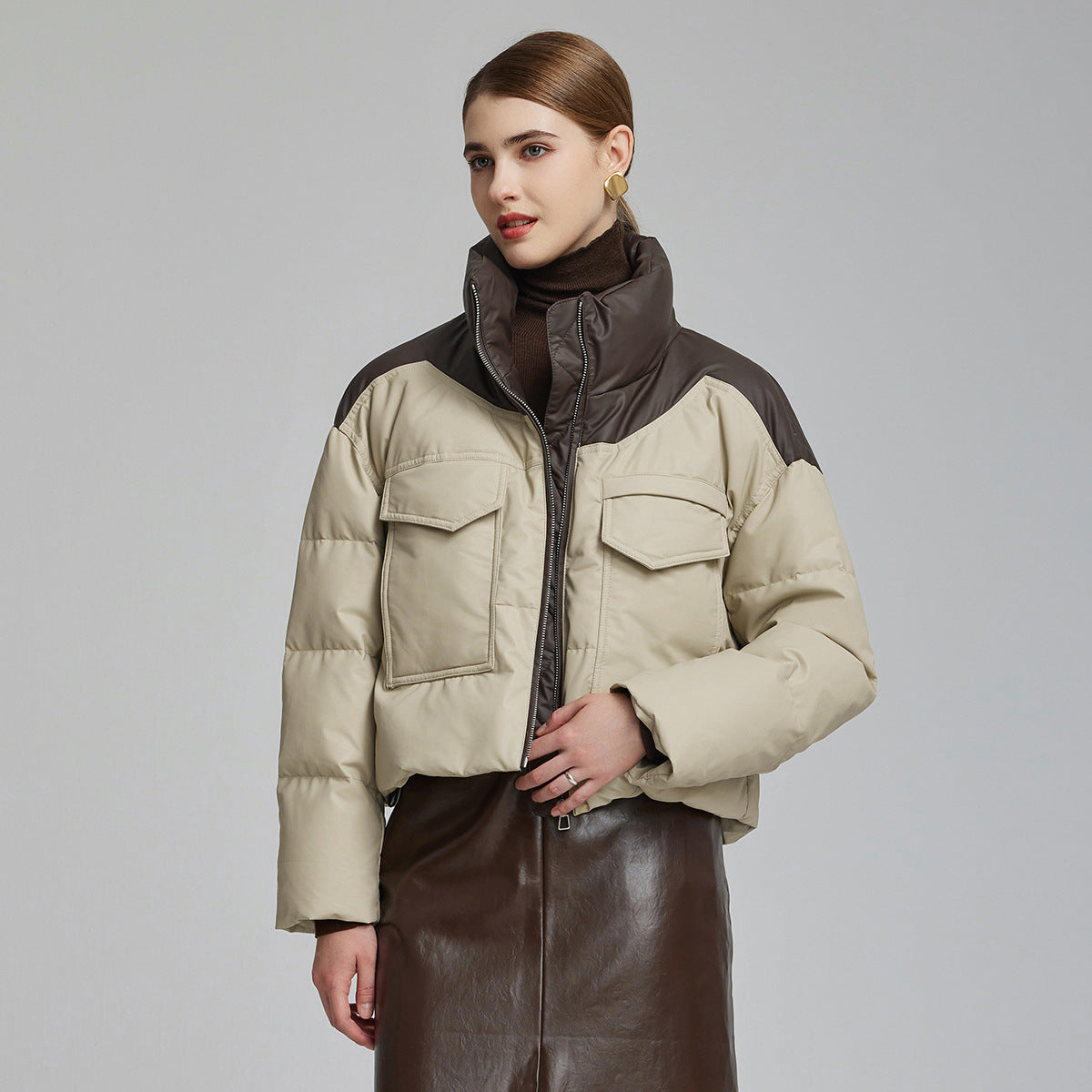 Cotton-padded Short Loose Leather Coat